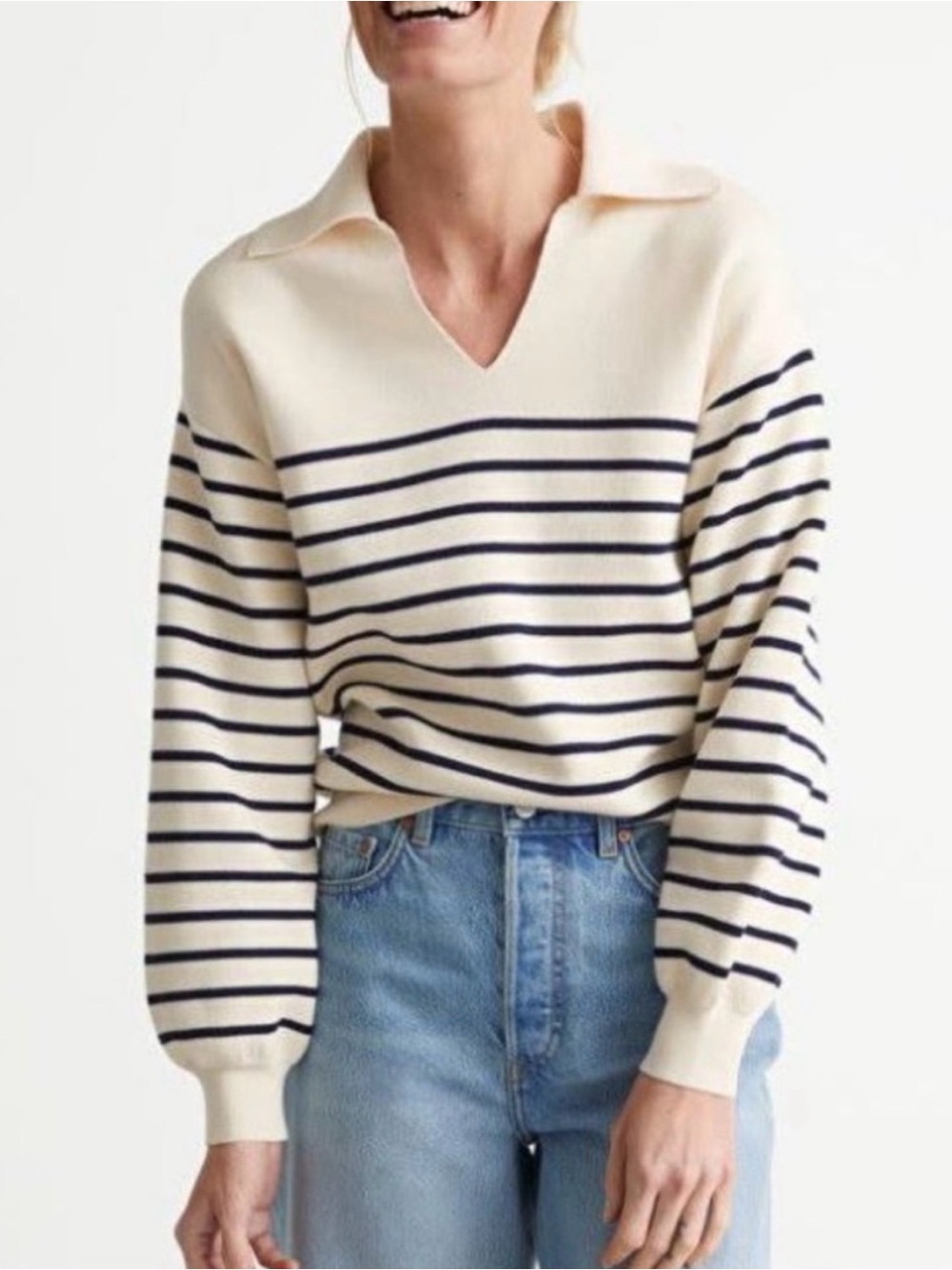 & Other Stories Breton Stripe Collared Sweater Cream Navy Size M